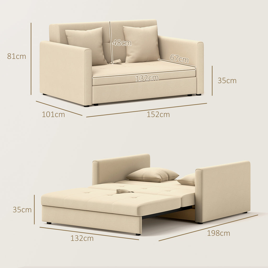 Sofá Cama de 2 Lugares Estofado em Algodão com 2 Almofadas Apoio para os Braços e Armazenamento Sofá Duplo Moderno para Sala de Estar Escritório 152x101x81 cm Bege — foto 3