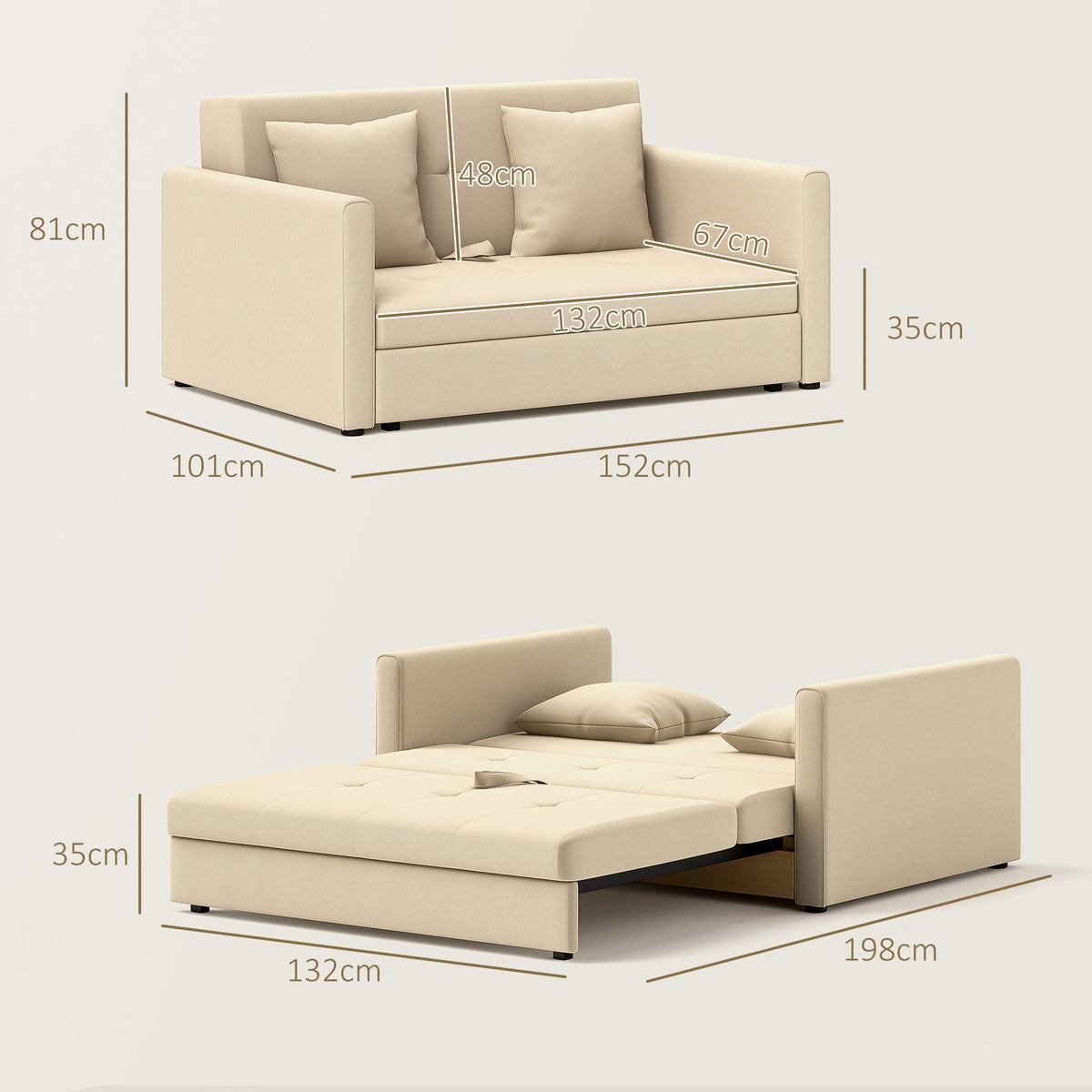 Sofá Cama de 2 Lugares Estofado em Algodão com 2 Almofadas Apoio para os Braços e Armazenamento Sofá Duplo Moderno para Sala de Estar Escritório 152x101x81 cm Bege — foto 3