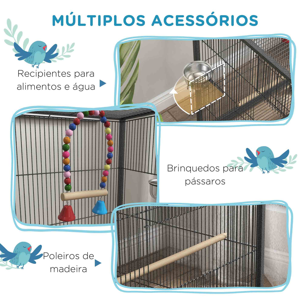 Gaiola para Pássaros com Rodas, Estrutura em Aço com Poleiros, Baloiço, Bandeja Removível e Tigelas de Aço Inoxidável, Gaiola Grande para Papagaios, Canários e Periquitos, 48x46x78 cm, Cinzento — foto 5