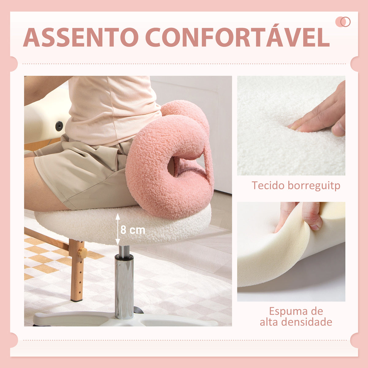 Banco Giratório com Encosto Banco com Rodas Altura Regulável 63-77 cm Estofado em Tecido tipo Borreguito para Salões Ateliês Spa Massagem 50x50x63-77 cm Branco e Rosa — foto 5