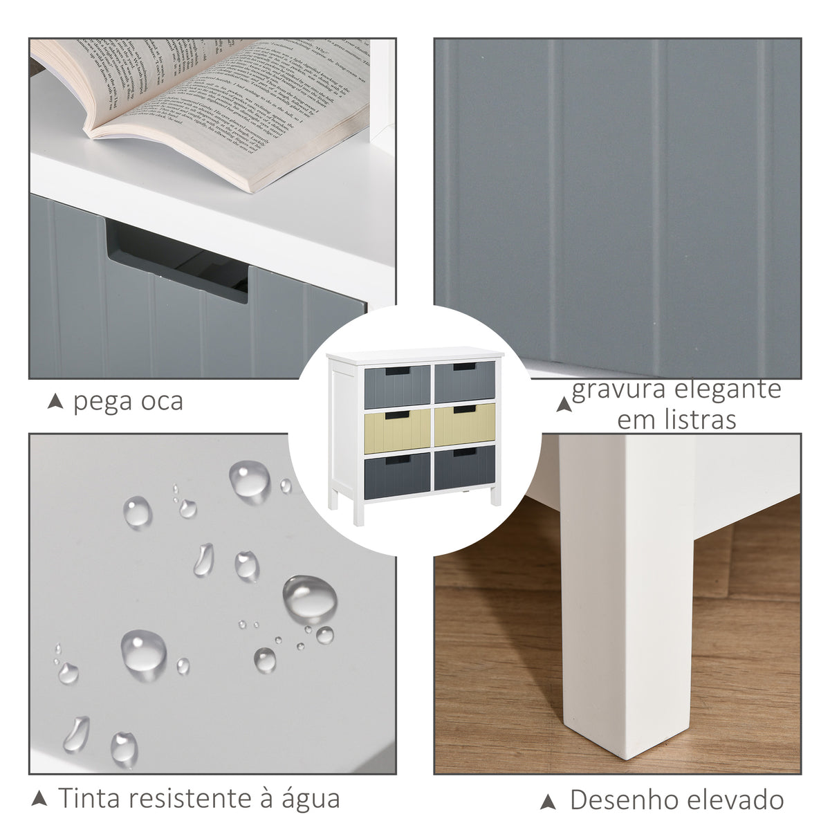 Cómoda de Madeira com 6 Gavetas Cómoda Auxiliar de Armazenamento com Pés Elevados Estilo Moderno para Dormitórios Sala de Estar Casa de Banho 60x28x58cm Multicor — foto 4