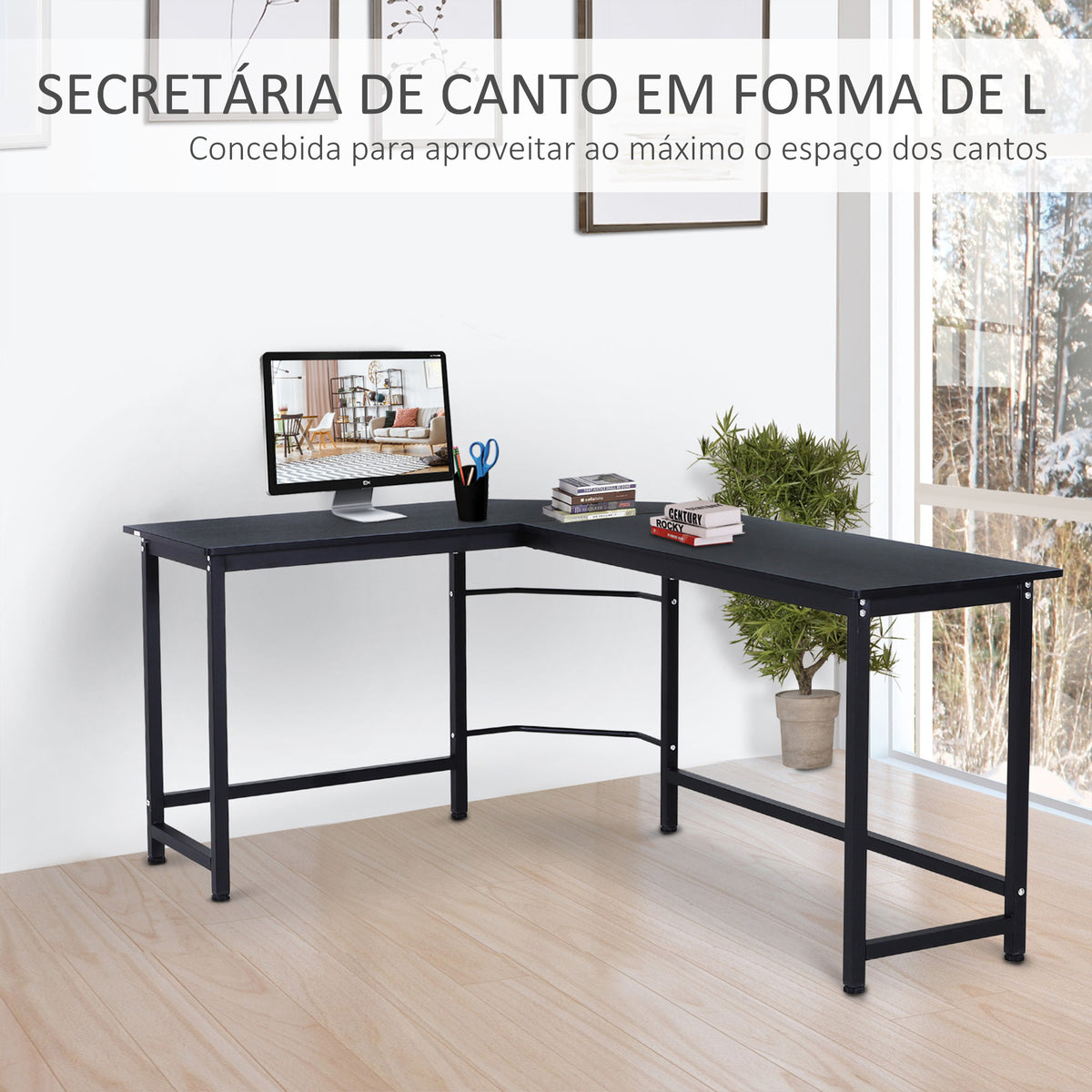Secretária de Canto Mesa de Computador em Forma de L com Estrutura de Aço 168x120x75cm Preto — foto 4