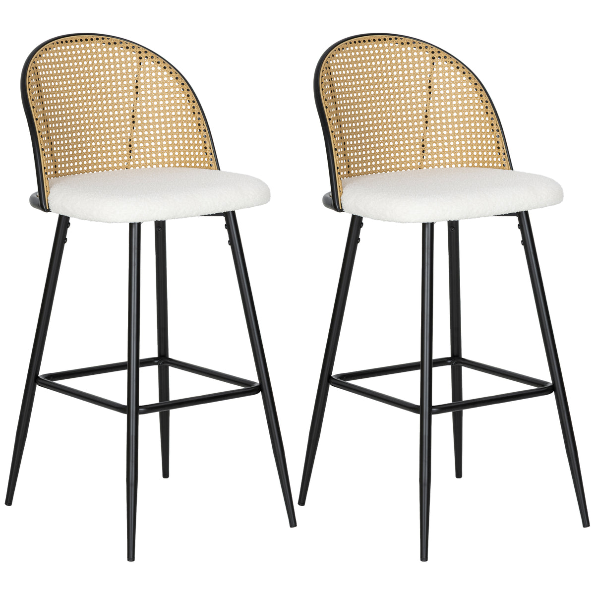 Conjunto de 2 Bancos de Bar Bancos Altos de Cozinha com Encosto de Vime Assento Estofado em Borrego Estrutura de Aço e Apoio para Pés 48x54x102 cm Creme — foto 1
