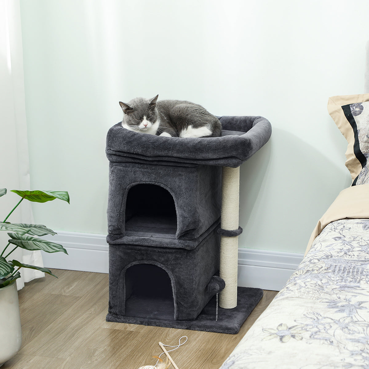 Arranhador para Gatos 66 cm Torre para Gatos com Cama 2 Cavernas Poste de Sisal e Bola para Brincar Cinzento Escuro — foto 2