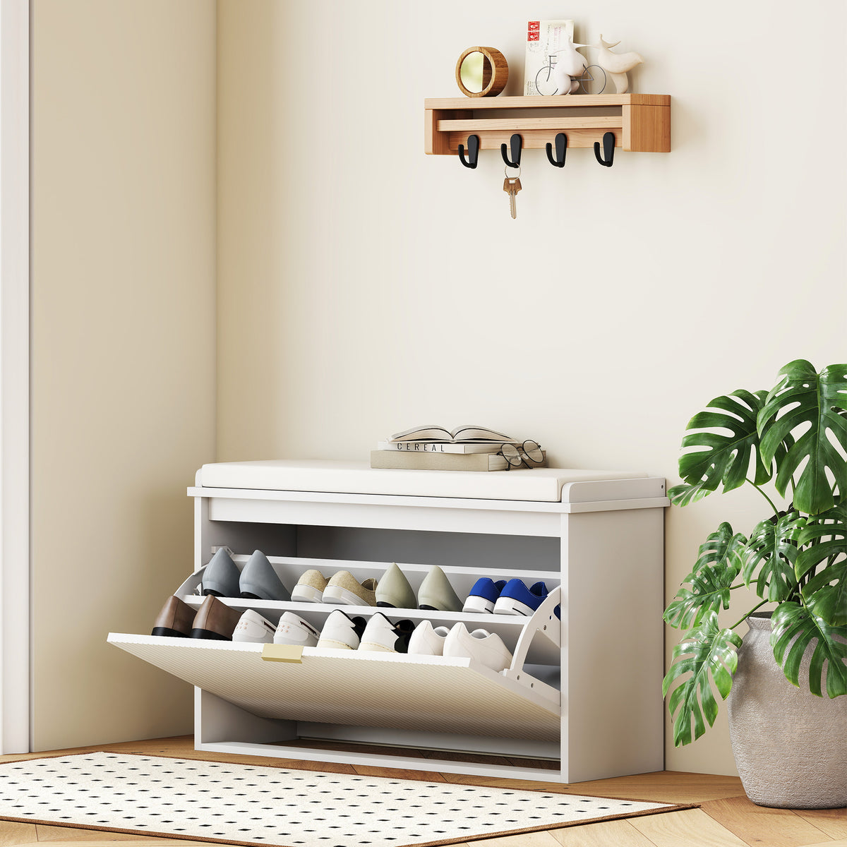 Banco Sapateira Móvel Sapateira Estreito Banco de Entrada com Assento Estofado Caixa Rebatível e Painel de Ripas para Entrada Quarto Sala de Estar 80x26x47,5 cm Branco — foto 2