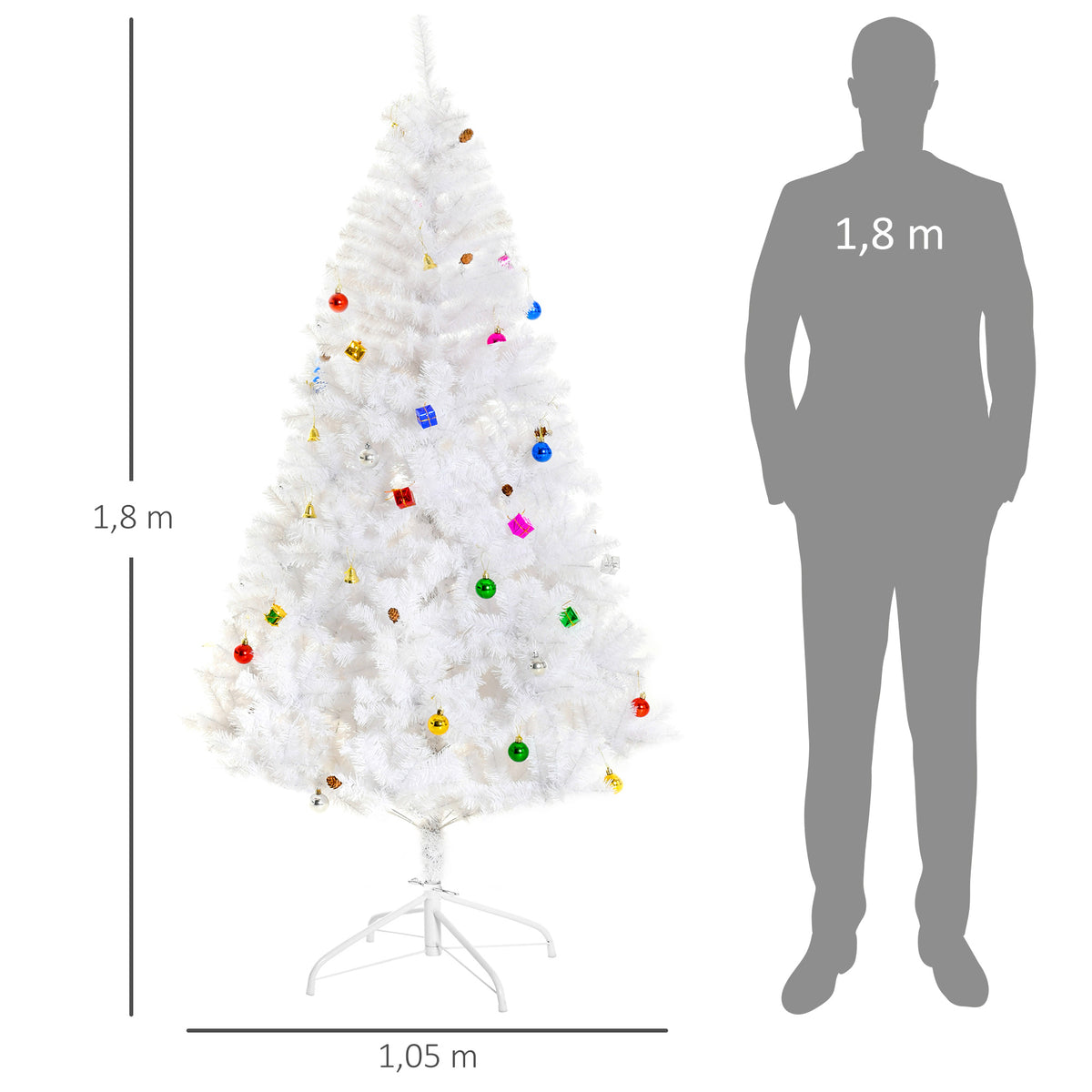 Árvore de Natal Artificial 180cm com 930 Ramos de PVC 48 Decorações Incluidas Suporte Metálico Decoração de Natal para Interiores Ø105x180cm Branco — foto 3