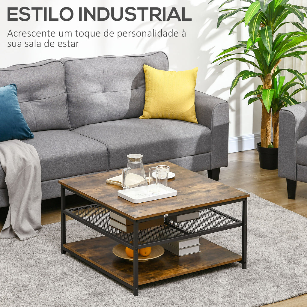 Mesa de Centro Mesa Auxiliar com 2 Prateleiras de Armazenamento Estrutura de Metal para Sala de Estar Sala de Jantar Carga Máxima 30kg 80x80x45cm Marrom Rústico — foto 4