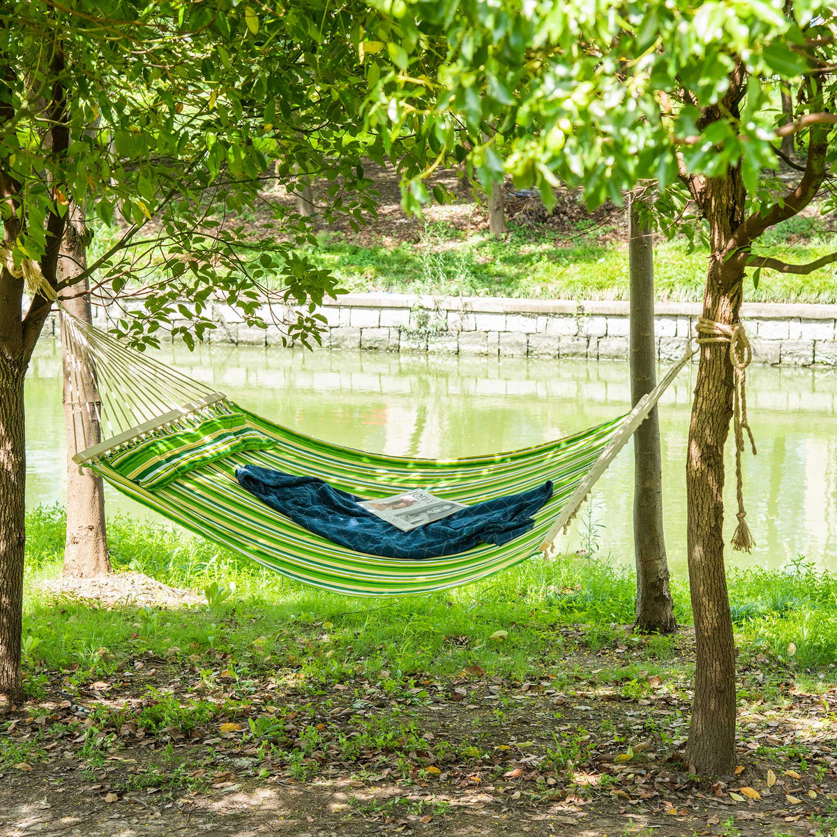 Cama Rede Suspensa de Algodão para Jardim Campismo Praia Piquenique com Almofada Carga Máxima 180kg 284x140cm Verde e Amarelo — foto 2