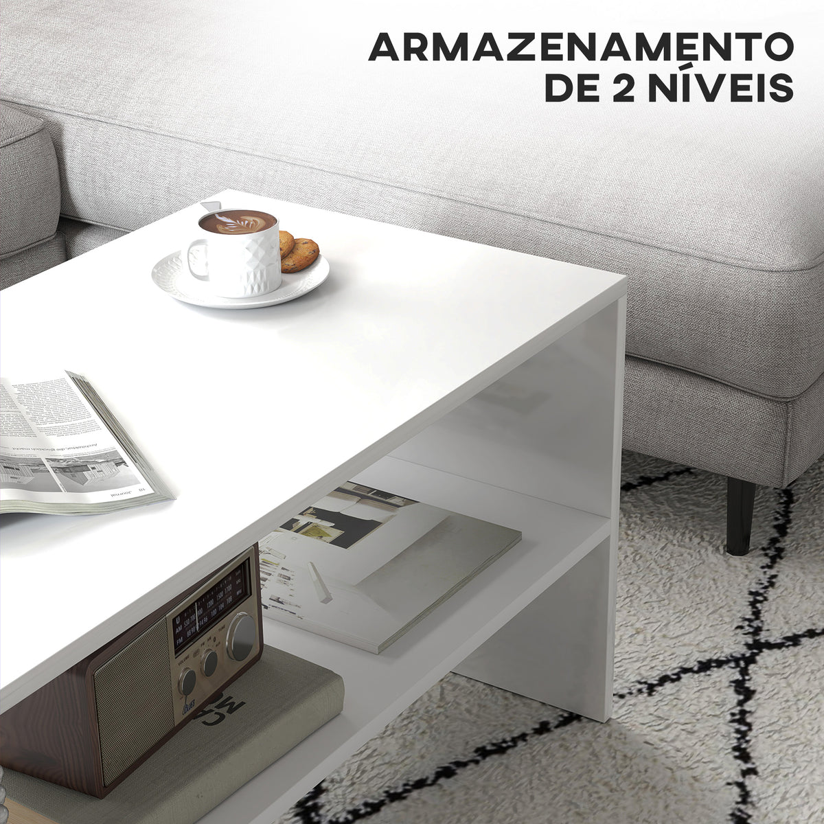 Mesa de Centro Mesa Auxiliar com Compartimento Aberto Mesa de Café para Sala de Estar 100x40x41,5 cm Branco Brilhante — foto 5
