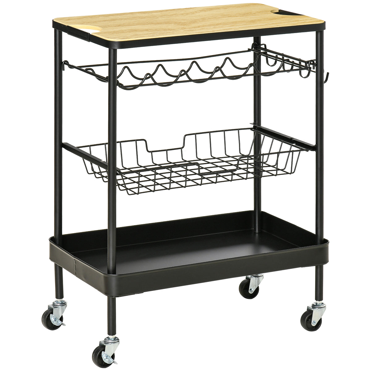 Carrinho de Cozinha com Rodas Carrinho de Cozinha Multiuso com Suporte para Garrafas Cesta Removível e 4 Ganchos para Sala de Jantar Sala de Estar 60,5x35,5x75cm Preto e Carvalho — foto 1
