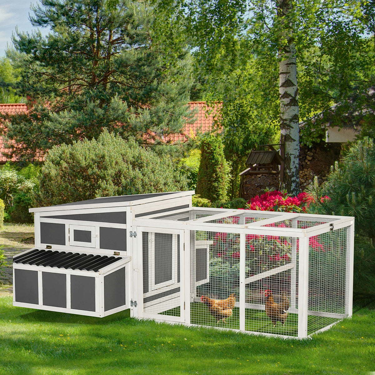 Galinheiro de Madeira para Exterior 225x147x85,5cm Gaiola para 6-8 Galinhas com Cerca de Metal Teto e Janela Rebatível 2 Ninhos Bandeja Removível e Rampa Cinza e Branco — foto 2