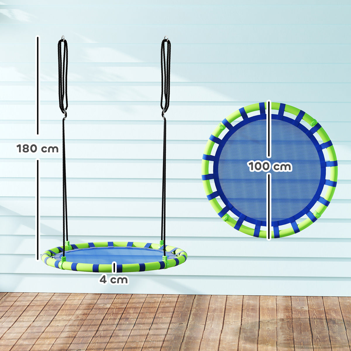 Baloiço para Crianças Redondo Baloiço de Jardim Infantil Ajustável Baloiço de Exterior para Crianças Impermeável Carga 150kg Ø100x180 cm Preto e Azul — foto 3
