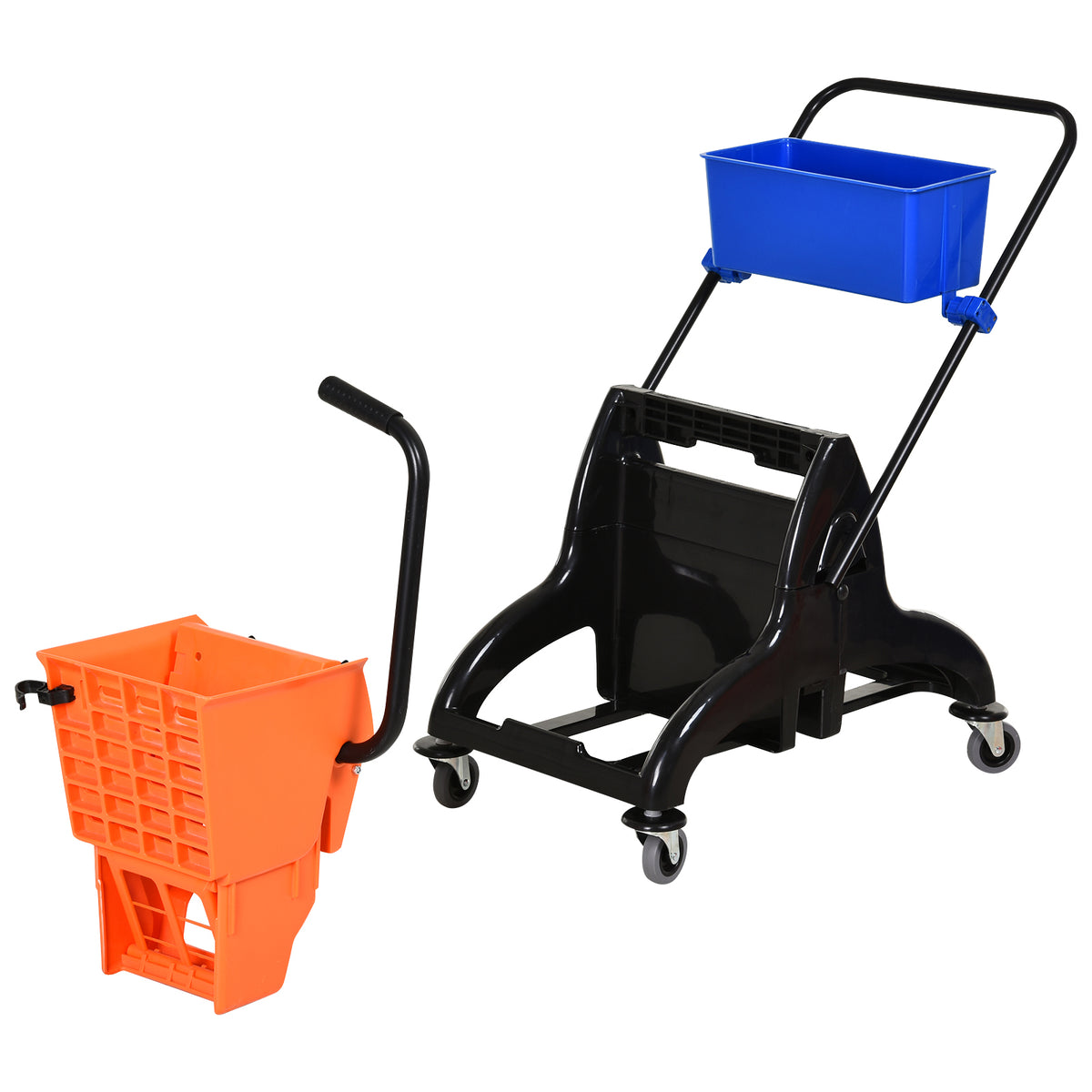 Balde para esfregona comercial Balde para esfregona com escorredor de baixa pressão 26L Capacidade com 4 rodas silenciosas Baldes separados duplos 78x45x95cm Laranja e azul — foto 8