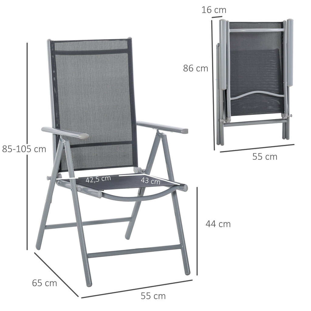 Conjunto de 2 cadeiras dobráveis ​​de alumínio para jardim com encosto alto ajustável de 8 níveis e apoio de braços 65x55x107 cm cinza — foto 3