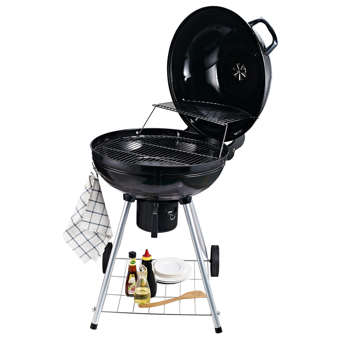 Barbecue a Carvão com Termômetro Barbecue a Carvão com Prateleira e Rodas para Jardim Exterior Campismo 57x63x94 cm Preto e Prata — foto 8