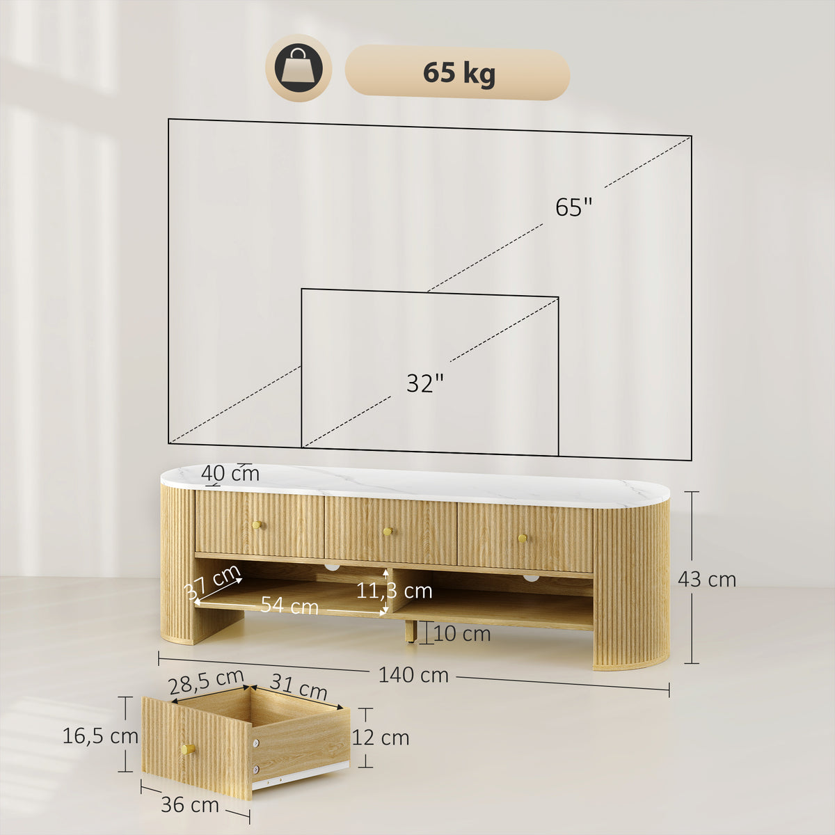 Móvel de TV 140 cm para TV Até 65" Efeito Mármore 3 Gavetas Caneladas 2 Prateleiras 140x40x43 cm Cor Madeira Natural — foto 2