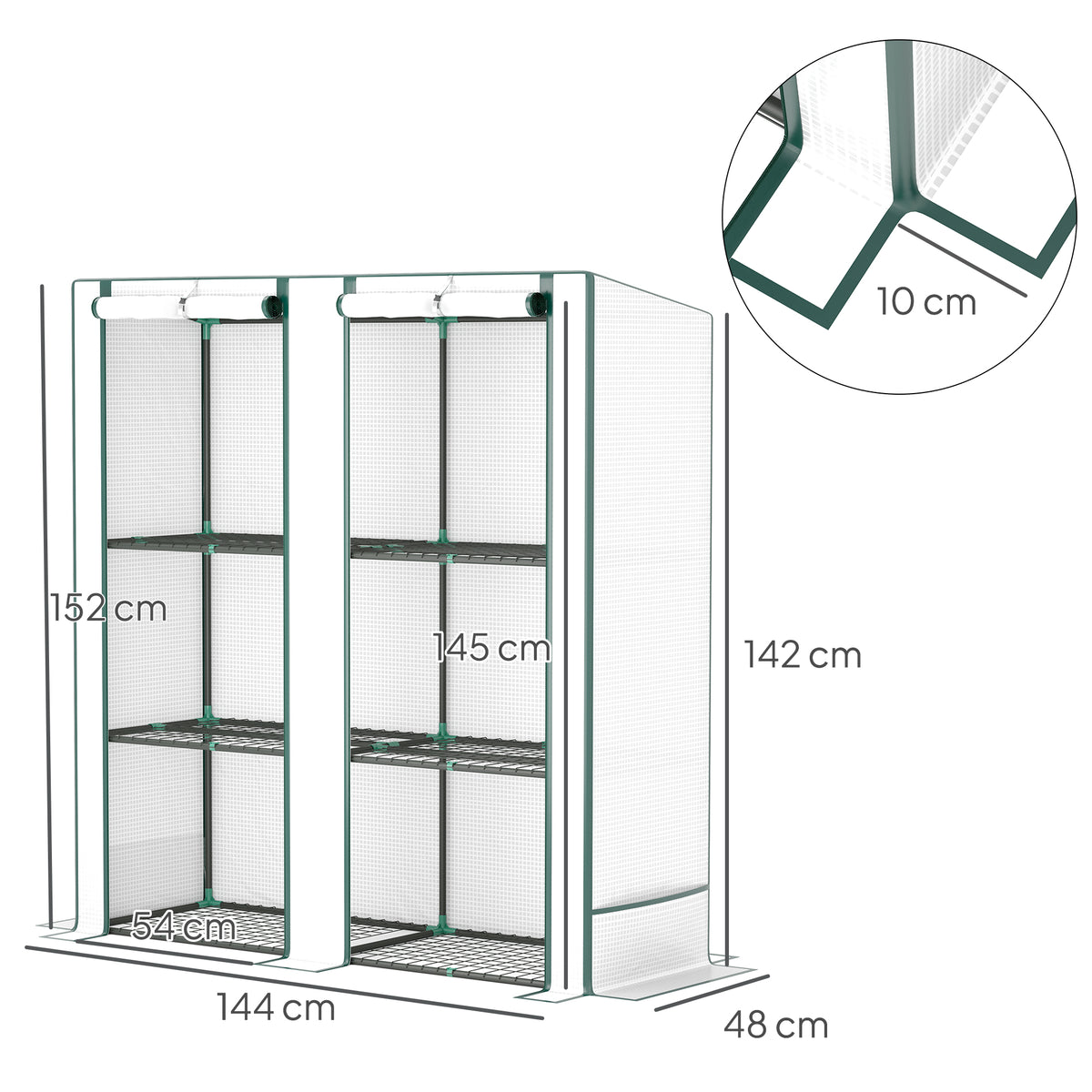 Estufa de Jardim com Prateleiras Metálicas de 3 Níveis Estufa de Varanda Cobertura PE Telhado Inclinado 144x48x152 cm Branco — foto 2