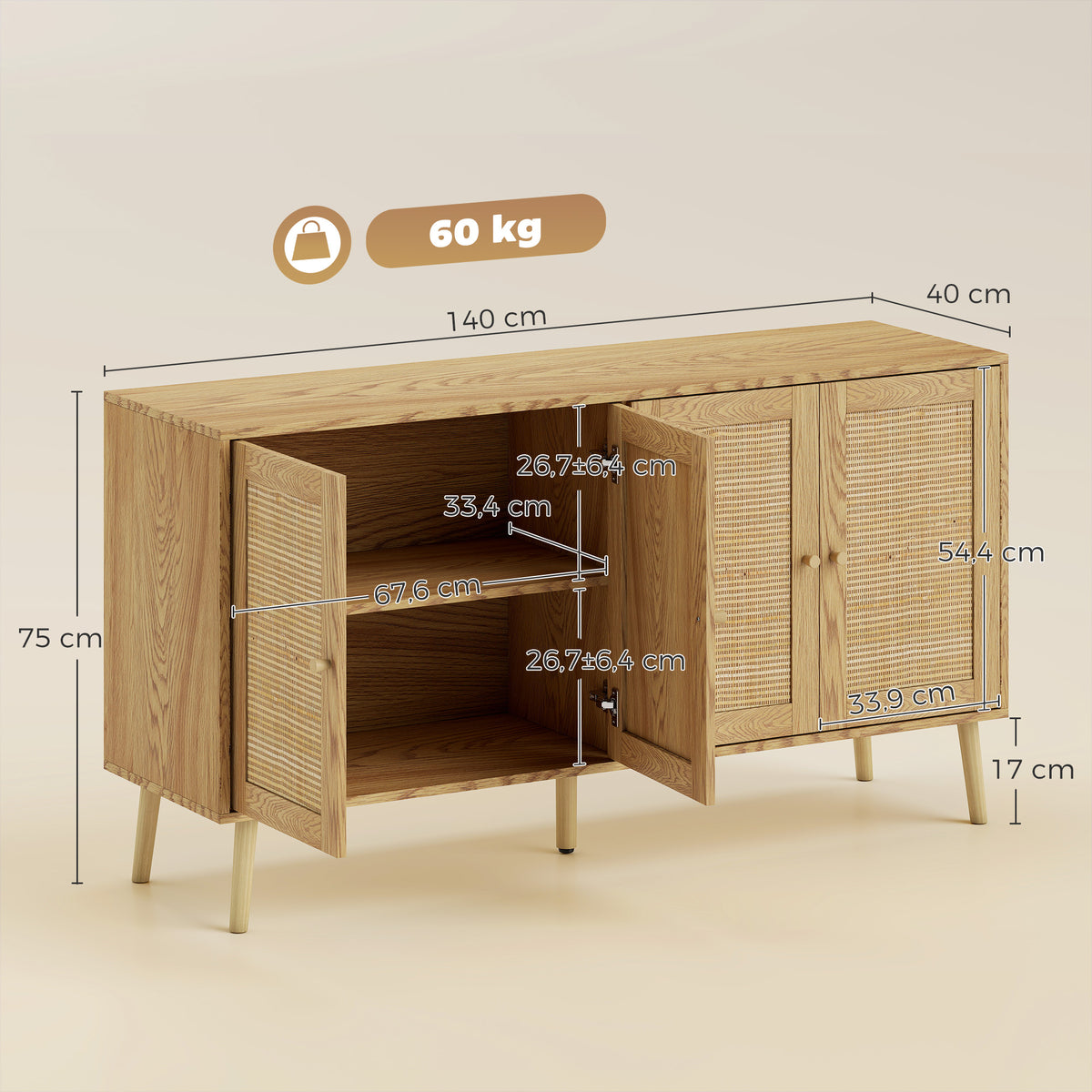 Aparador de Rattan com 4 Portas Aparador de Cozinha Boho com 2 Prateleiras Ajustáveis Acabamento Madeira Natural — foto 2