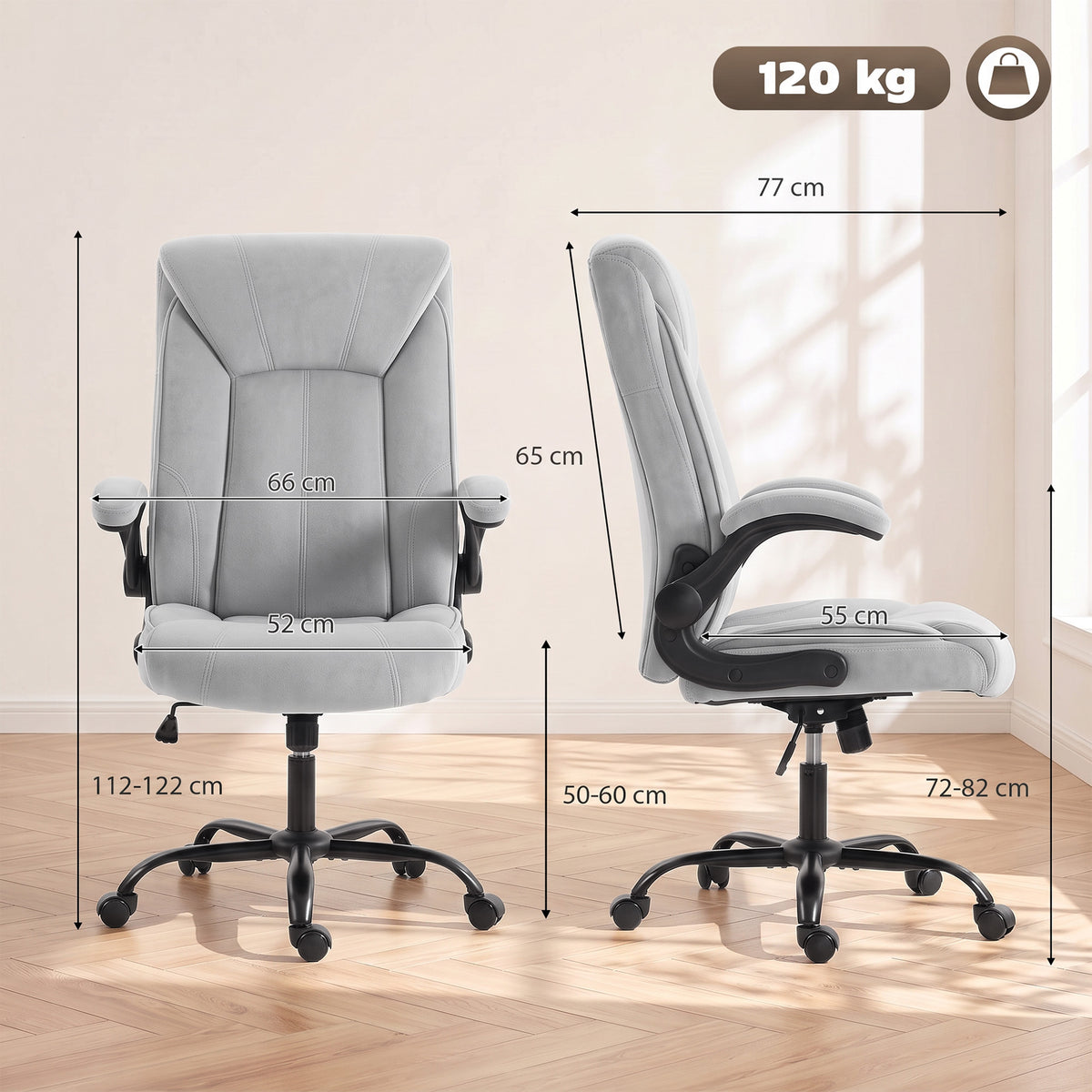 Cadeira de Escritório Ergonômica em Tecido Flanela, Altura Ajustável, Balanço, Apoios de Braços Eleváveis, 66x77x122cm, Cinza Claro — foto 2