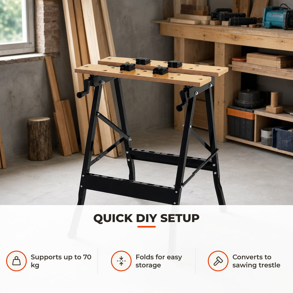 Amazonas: Bancada de trabalho dobrável Mesa de trabalho portátil com 4 grampos Buracos para serra Uso doméstico Ferro para trabalhar madeira Suporte para MDF 70 kg 56x62x75 cm — Utilização | How to use
