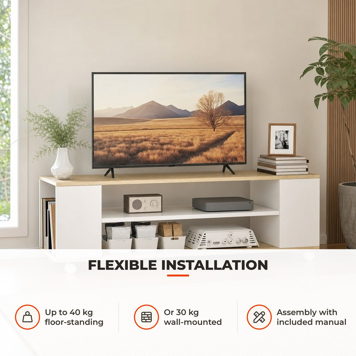 Móvel para TV com Rodas Armário para TV Flutuante com 2 Portas e 2 Prateleiras de Armazenamento para Televisores de até 55 Polegadas para Dormitório 120x40x38,5cm Branco e Madeira — Utilização | How to use