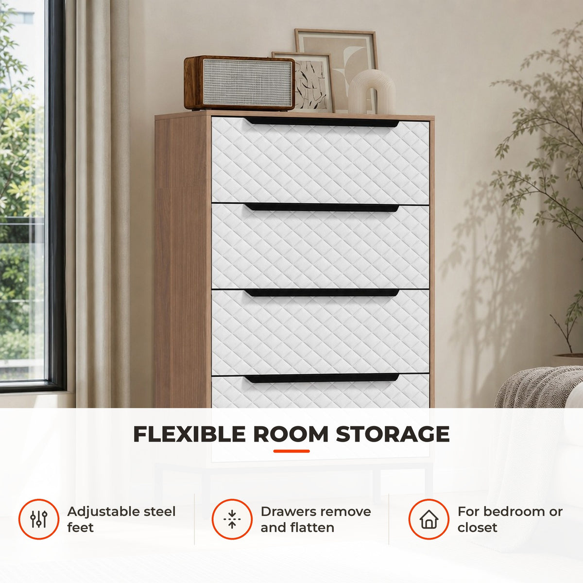 Cómoda com 4 Gavetas de Tecido Cómoda para Quarto Frentes com Padrão de Diamante Móvel de Arrumação para Sala de Estar Escritório Closet 59,5,5x30x92,5 cm Madeira e Branco — Utilização | How to use