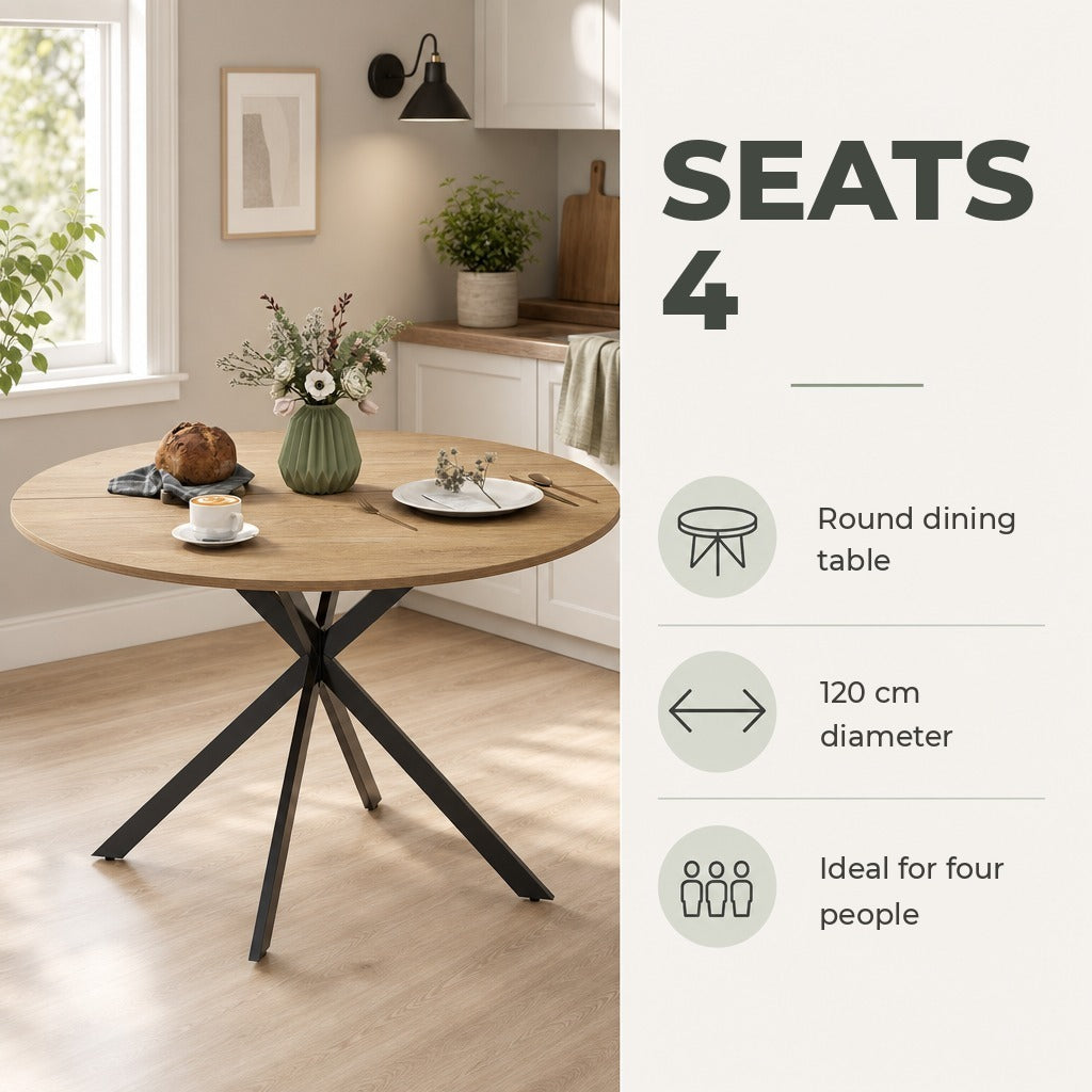 Mesa de Refeição Redonda para 4 Pessoas Mesa de Cozinha Industrial com Estrutura de Aço Ø120x75 cm Madeira — Características | Features
