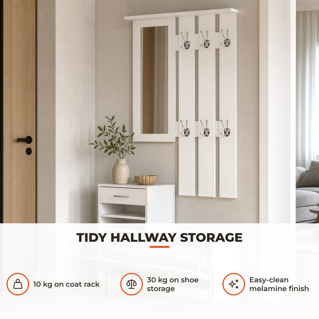 Móvel Cabide de Entrada de 3 Peças Armário de Entrada com Cabide Espelho Sapateira e Gaveta 90x10x102 cm Branco — Utilização | How to use