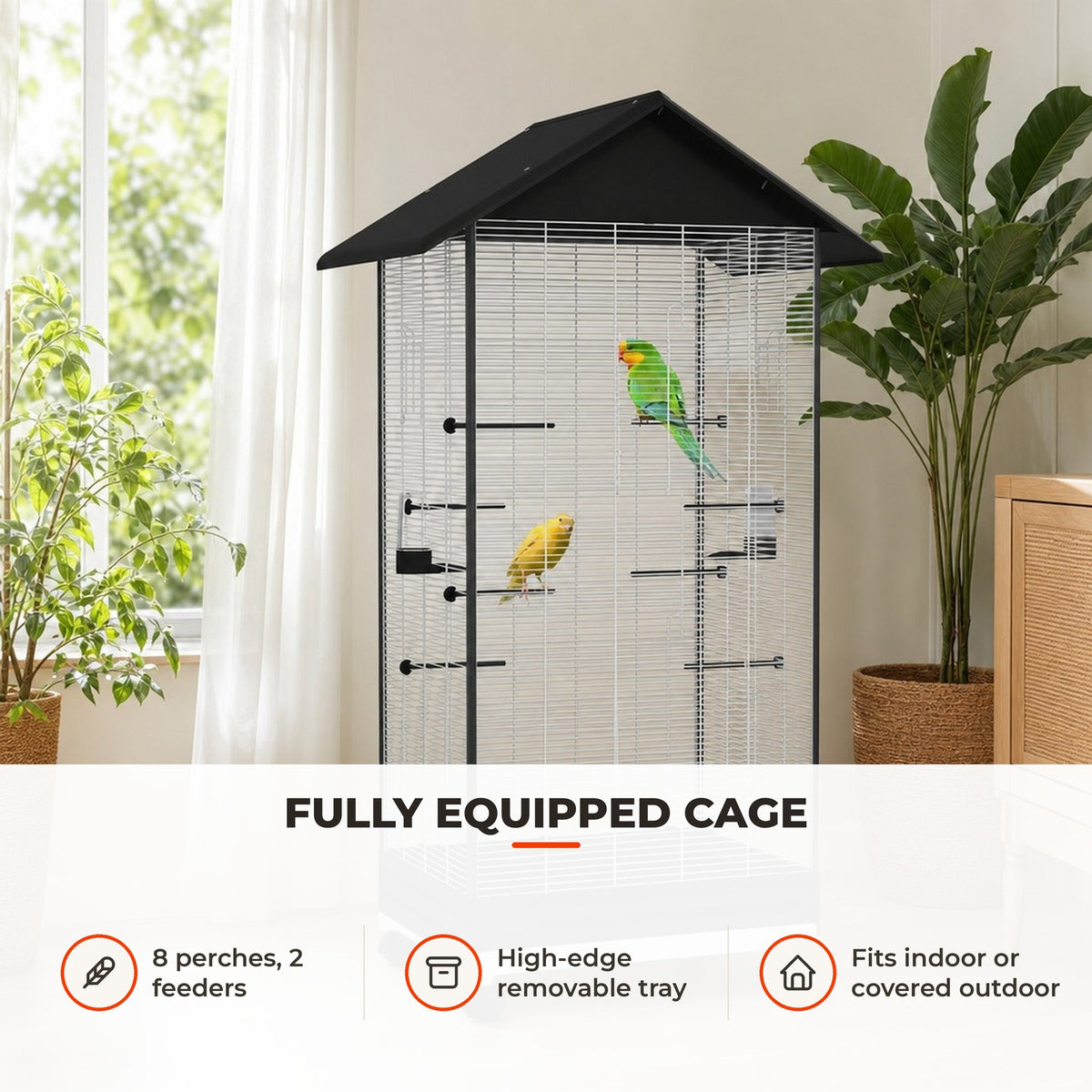 Gaiola para Pássaros com Rodas, 79x65x155 cm, Gaiola Grande com 2 Comedouros, 8 Poleiros, 4 Portas e Bandeja Removível, Design do Teto, Viveiro para Tentilhões e Canários, Preto — Utilização | How to use