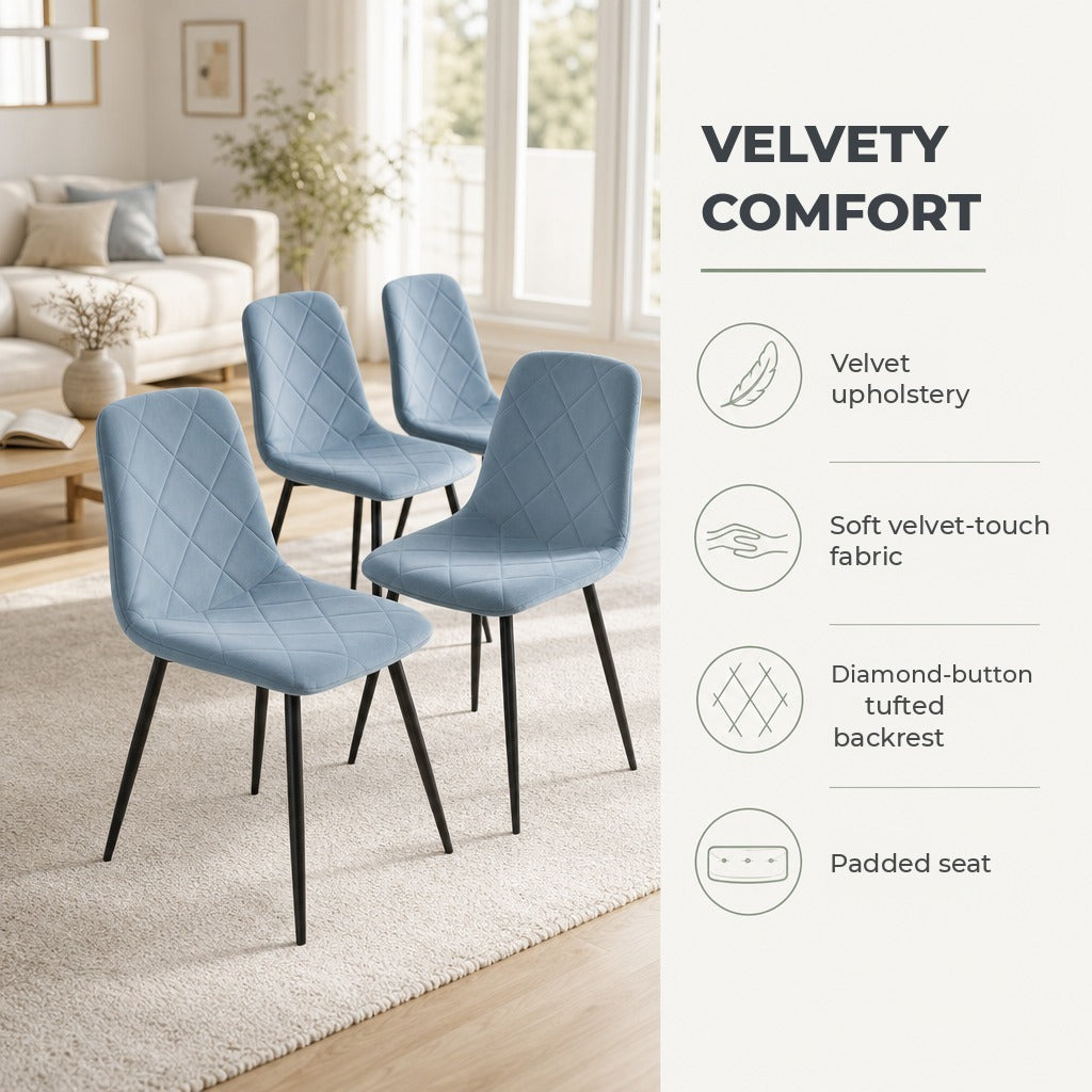 Conjunto de 4 Cadeiras de Jantar Modernas Cadeiras de Cozinha Estofadas em Veludo com Pés de Aço para Sala de Estar 45x54x87 cm Azul Claro — Características | Features