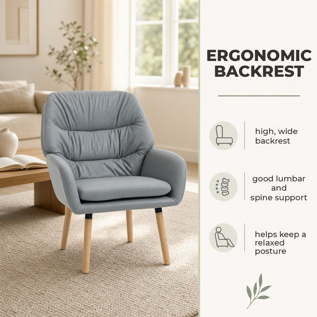 Poltrona de Sala de Estar Moderna Acolchoada de Dupla Camada Estofada em Couro Sintético Pés de Madeira 68x74x89 cm Cinza — Características | Features