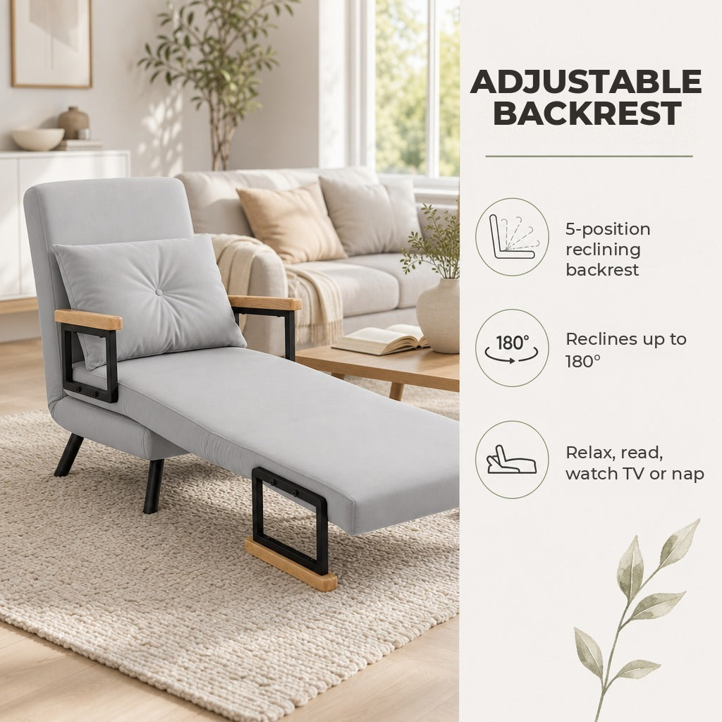 Poltrona Convertível em Cama Dobrável Poltrona 3 em 1 Convertível em Cama com Encosto Ajustável em 5 Níveis e Almofada Acolchoada Carga 120 kg 63x73x81 cm Cinza Claro — Características | Features