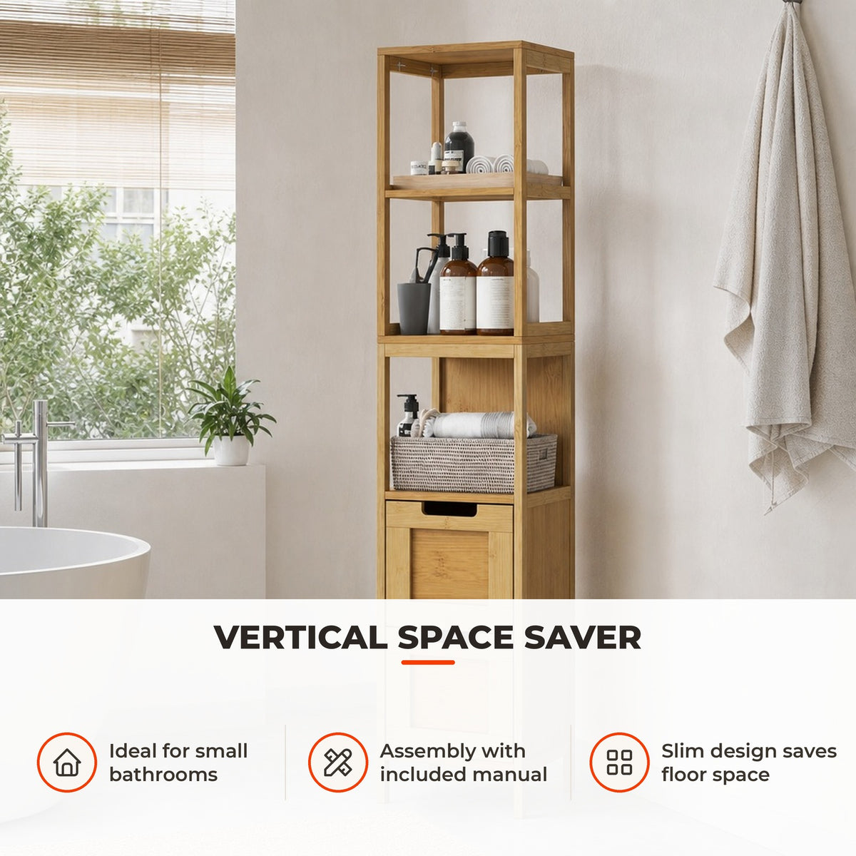 Coluna Casa de Banho com 3 Prateleiras e 2 Gavetas Armário Alto para Casa de banho Estilo Moderno 30x30x144,3 cm Madeira — Utilização | How to use