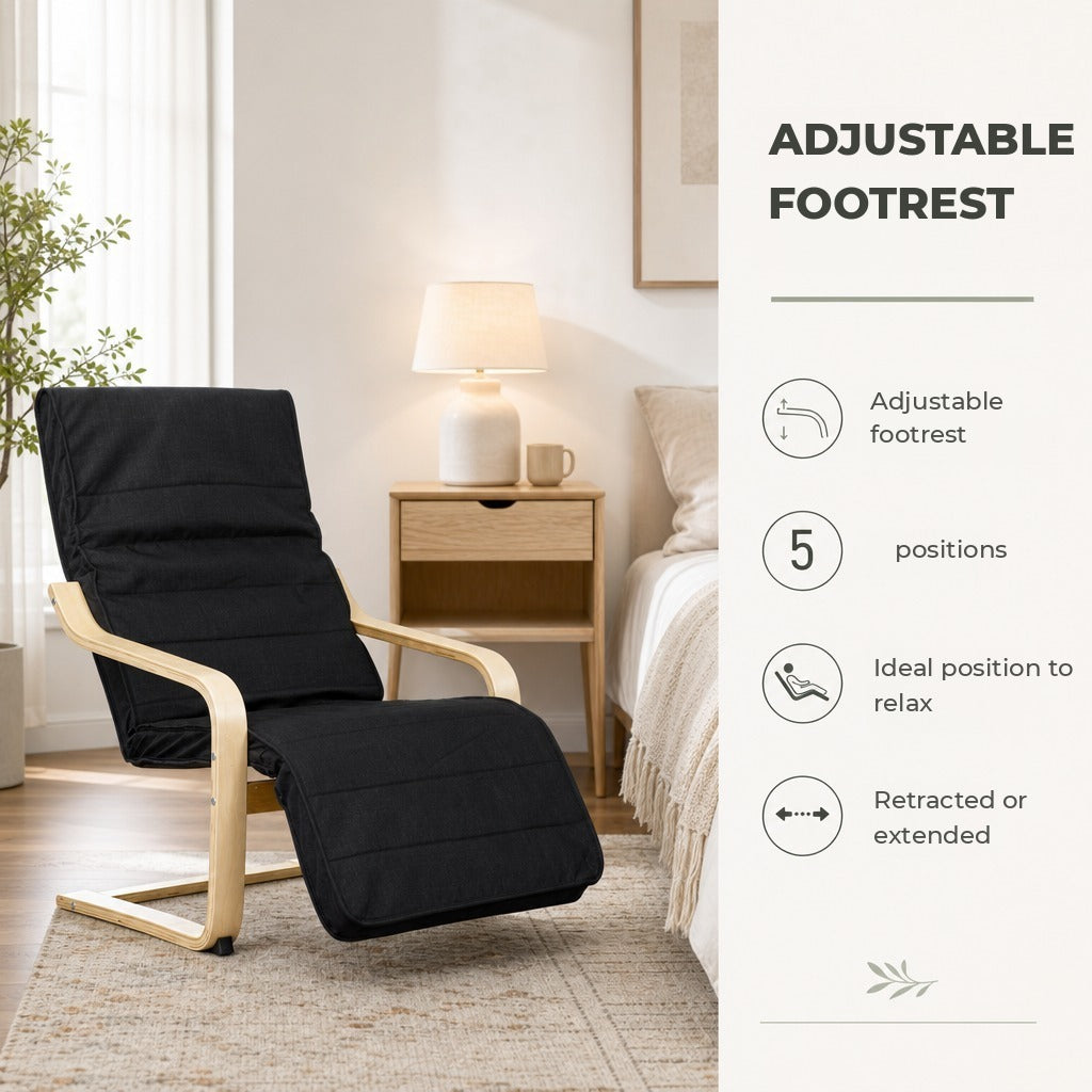 Poltrona de Sala de Estar com Apoio para os Pés Ajustáveis Poltrona para Dormitório Estofada em Tecido com Estrutura de Madeira Carga 120 kg para Escritório Estúdio 66,5x94x100 cm — Características | Features