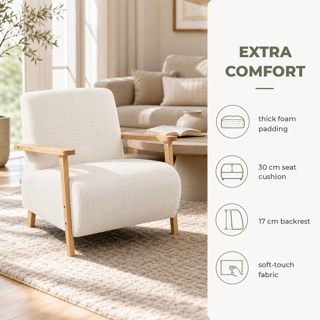 Poltrona Nórdica Poltrona Sala de Estar Estofada em Borrego com Apoio para os Braços de Madeira Acolchoado Espesso e Pés de Madeira para Dormitório 74,5x76x78 cm Creme — Características | Features