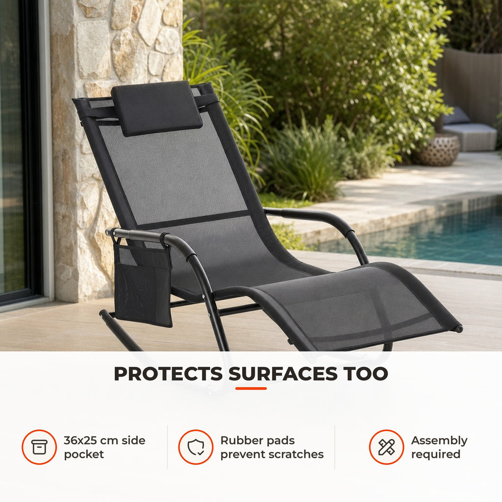 Espreguiçadeira Baloiço de Exterior com Braços Apoio de Cabeça Acolchoado e Bolso Lateral Carga 120 kg para Jardim Terraço Pátio 150x62x88 cm Preto — Utilização | How to use