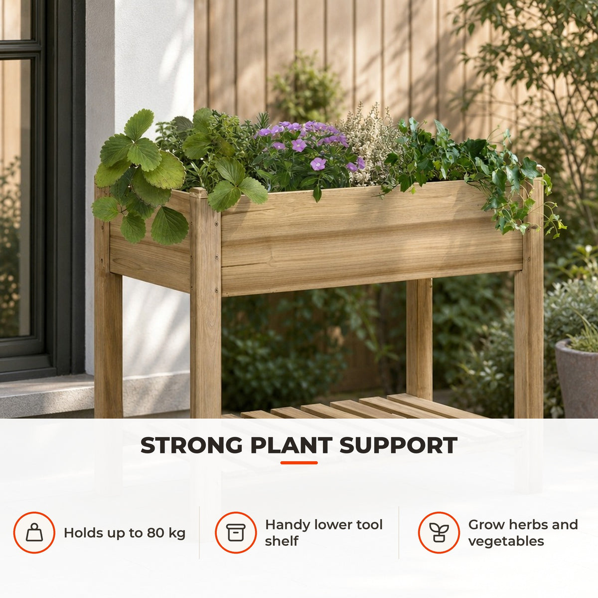 Horta Urbana de Madeira com Prateleira Mesa de Cultivo Retangular com Orifícios de Drenagem para Cultivos Plantas Jardim Terraço Exterior Carga 80 kg 91x51x76 cm Natural — Utilização | How to use