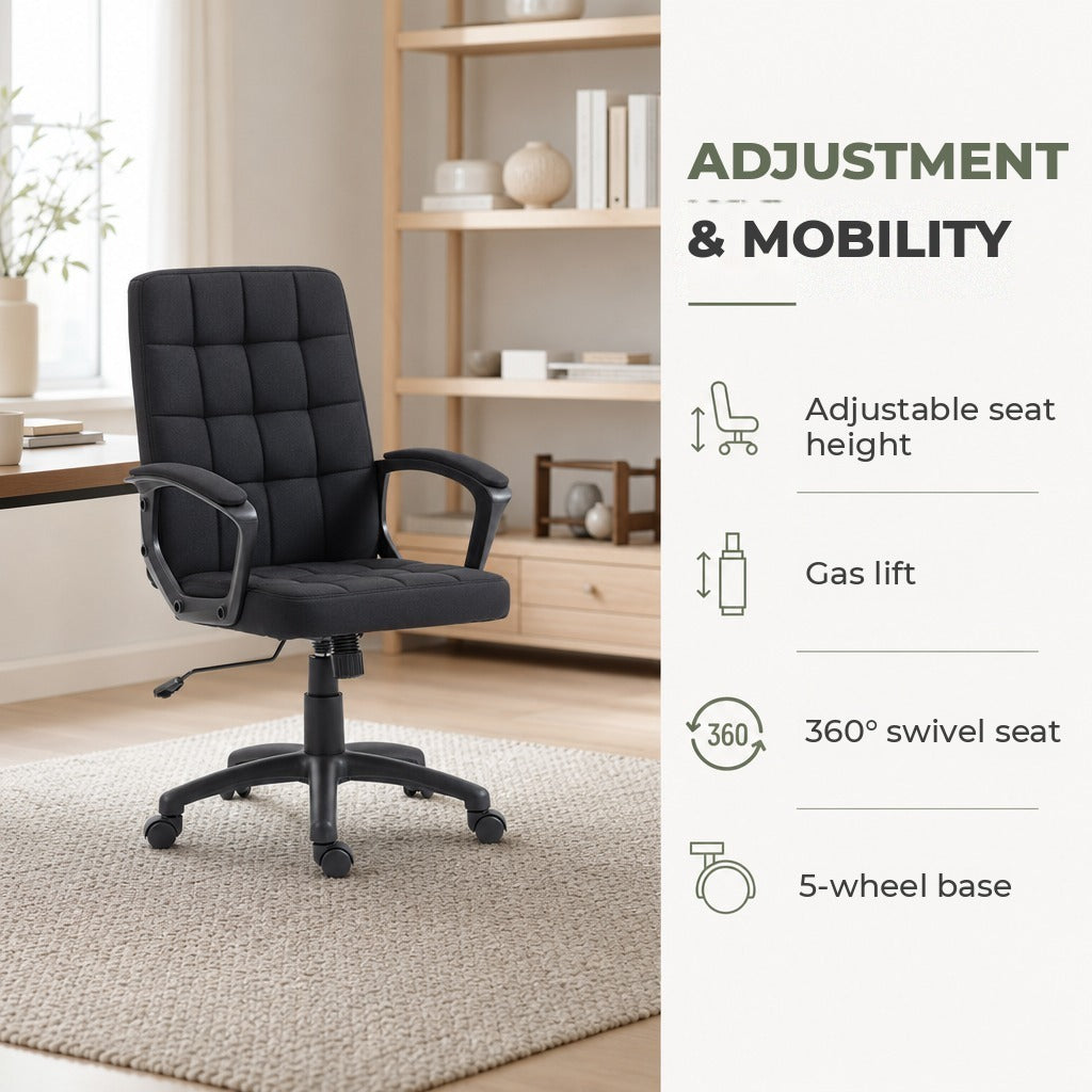 Cadeira de Escritório Cadeira de Escritório Giratória com Altura Ajustável e Apoio para os Braços Estilo Moderno Carga 120 kg para Estudio 59x63x96-105,5 cm Preto — Características | Features