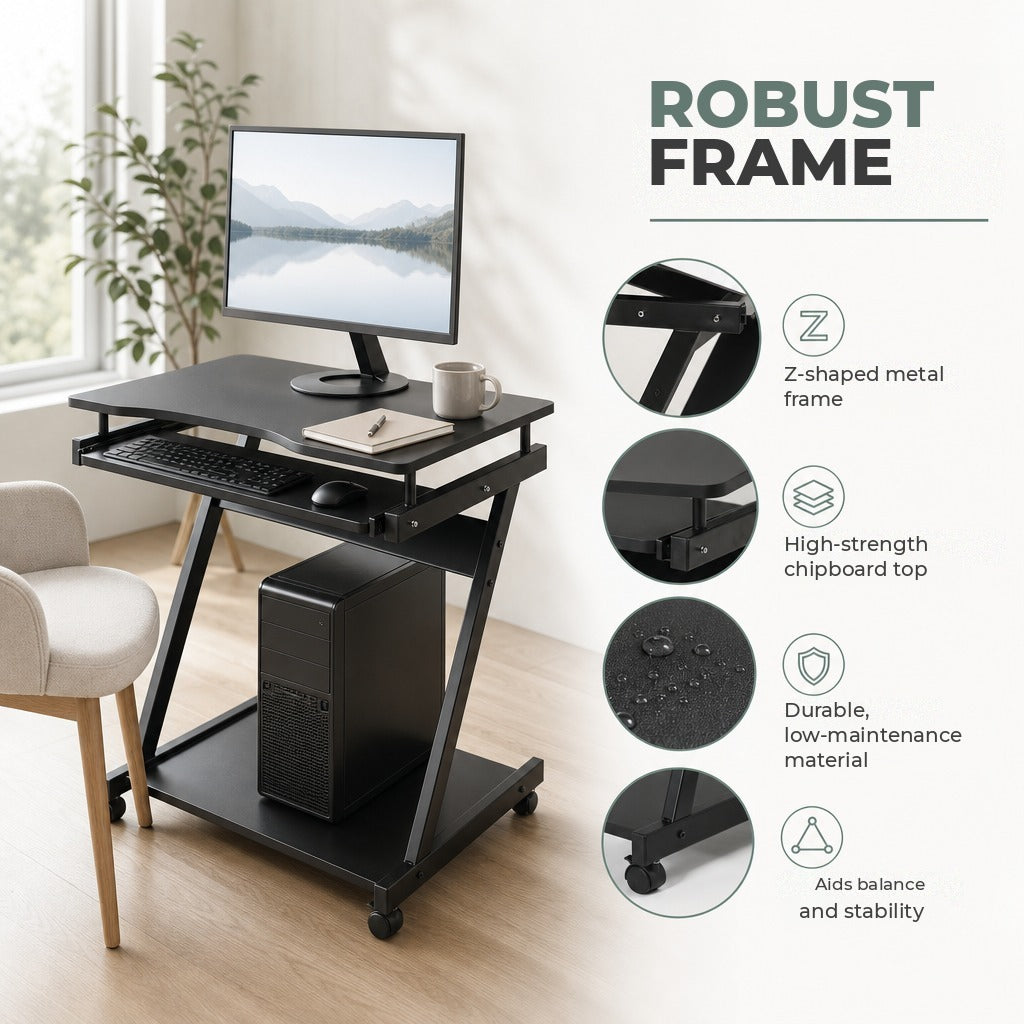 Secretária para Computador com Rodas, 60x48 cm, Mesa de Computador Moderna com Prateleira Deslizante para Teclado e Prateleira Inferior, Estrutura Metálica em Forma de Z, para — Características | Features