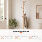 Cabide de Pé com Sapateira Cabide Tipo Árvore Moderno 6 Ganchos para Pendurar Roupa Malas Banco com Arrumação Corredor de Entrada Bambu 40x30x180cm — Utilização | How to use