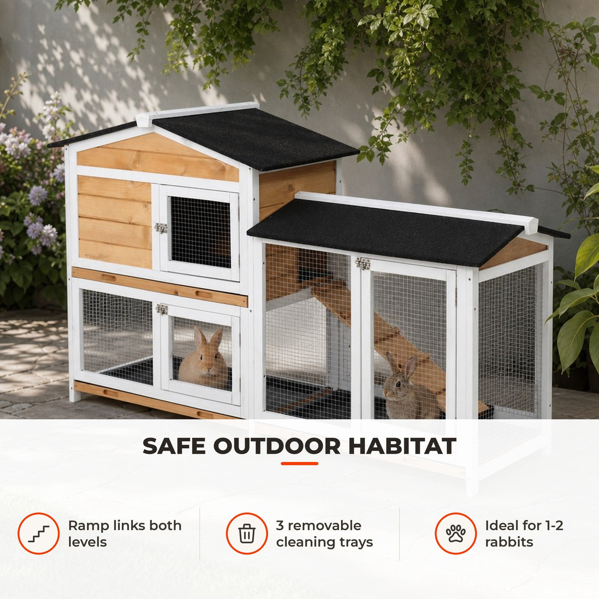 Coelheira de Madeira Exterior Gaiola para Coelhos de 2 Níveis com Teto Asfáltico 2 Cercados de Metal Bandeja Removível 3 Portas e Rampa 157,4x53x93,5cm Natural — Utilização | How to use