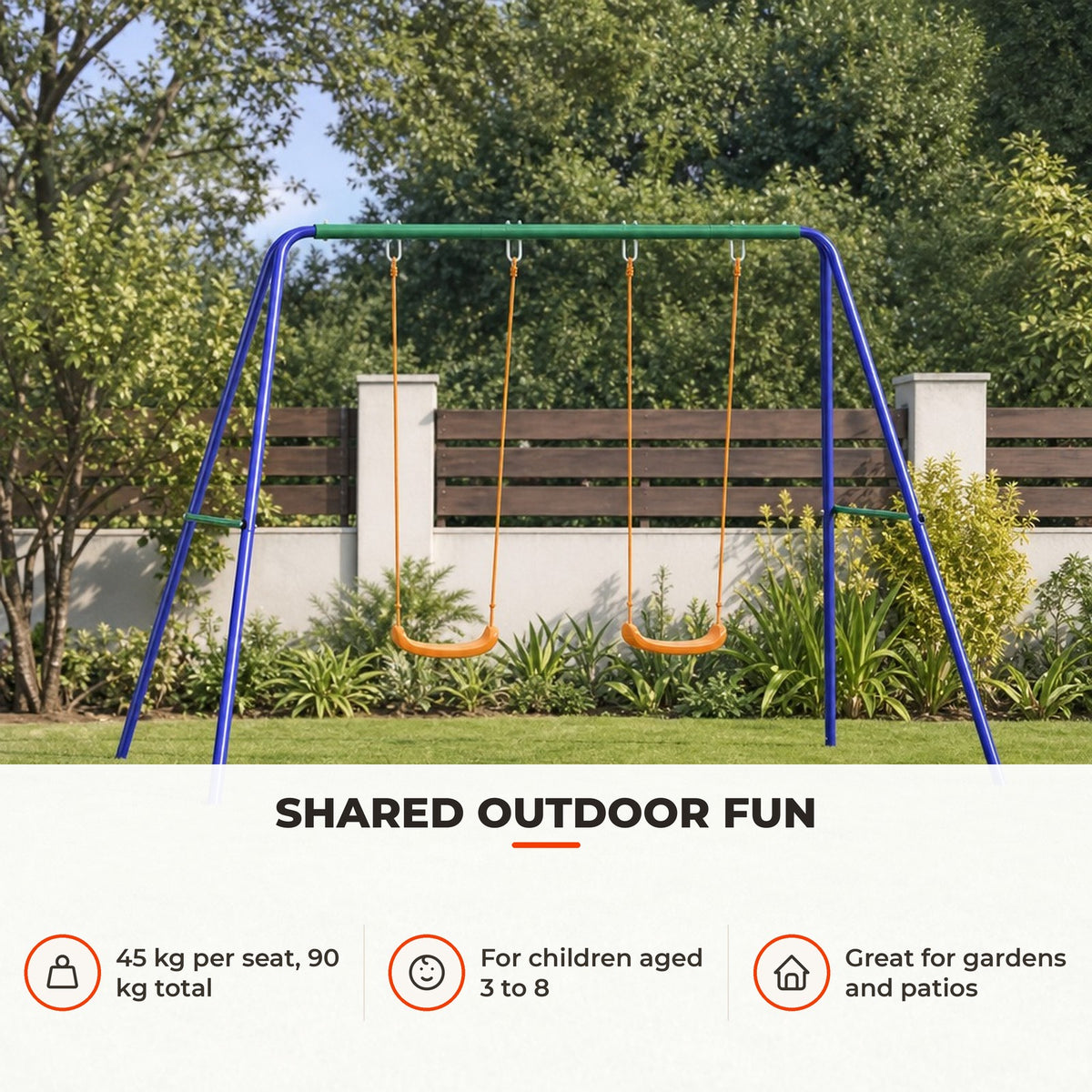 Conjunto de Baloiço Infantil Baloiço para Crianças de 3-8 Anos com 2 Assentos Resistente aos Raios UV e Suporte de Metal Carga 90 kg para Pátio Jardim 269x160x180 cm Multicor — Utilização | How to use