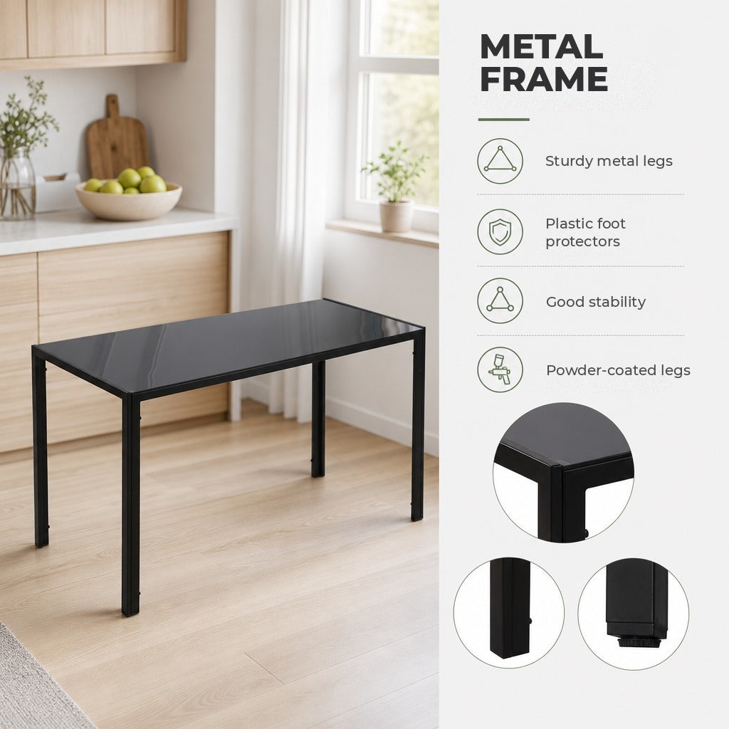 Mesa de Jantar de Vidro, Mesa Retangular para 4-6 Pessoas com Pernas de Metal, para Cozinha e Sala, 120x60x75 cm, Preto — Características | Features