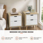 Conjunto de 2 Mesas de Cabeceira Modernas com 2 Gavetas de Deslizamento Silencioso Pés de Madeira para Quarto Sala de Estar 40x35x50 cm Branco Brilhante e Carvalho — Utilização | How to use