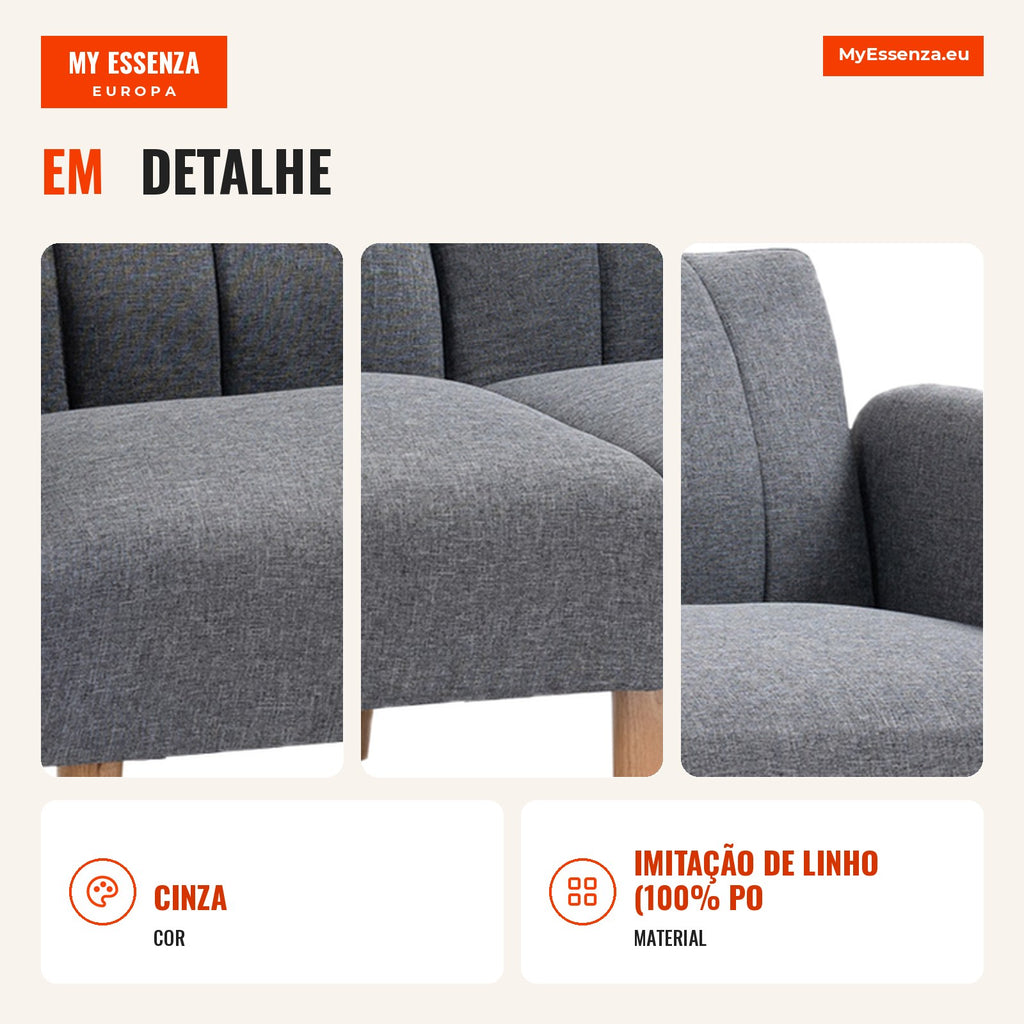 Sofá-cama, sofá de tecido 2 lugares, sofá com função cama, poliéster com aparência de linho, madeira de borracha, 173 x 75 x 73 cm, Cinza — infografia 4