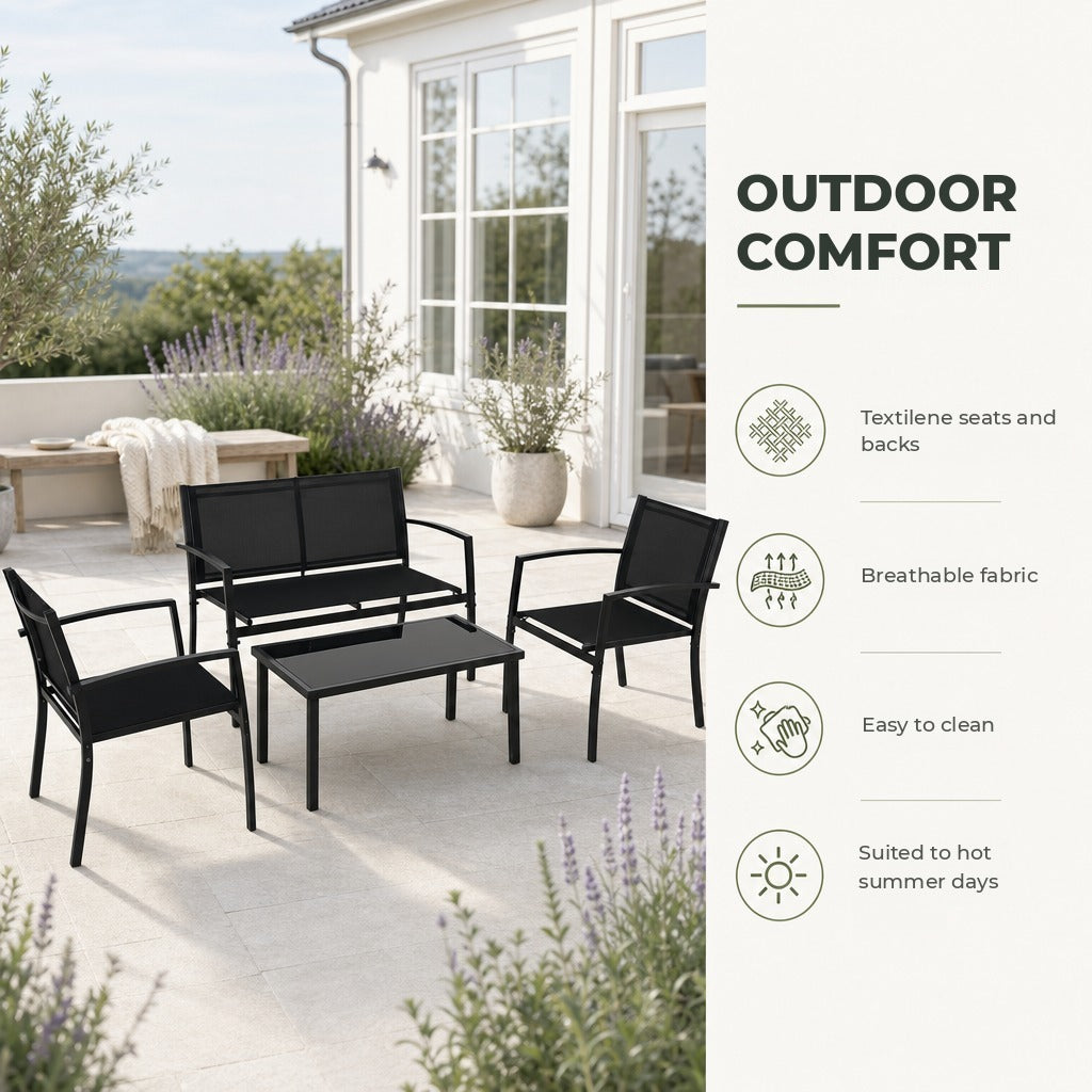 Conjunto de Móveis de Jardim Conjunto de 4 Peças Móveis de Exterior com 2 Poltronas 1 Sofá de 2 Lugares e Mesa de Centro com Tampo de Vidro Temperado Preto — Características | Features