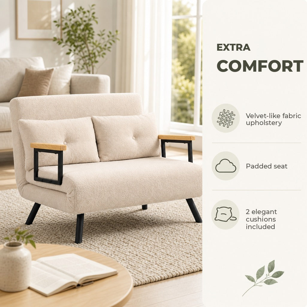 Sofá Cama Convertível em Cama de 2 Lugares Dobrável com Encosto Ajustável em 5 Níveis e 2 Almofadas Acolchoadas 102x73x81 cm Bege Creme — Características | Features