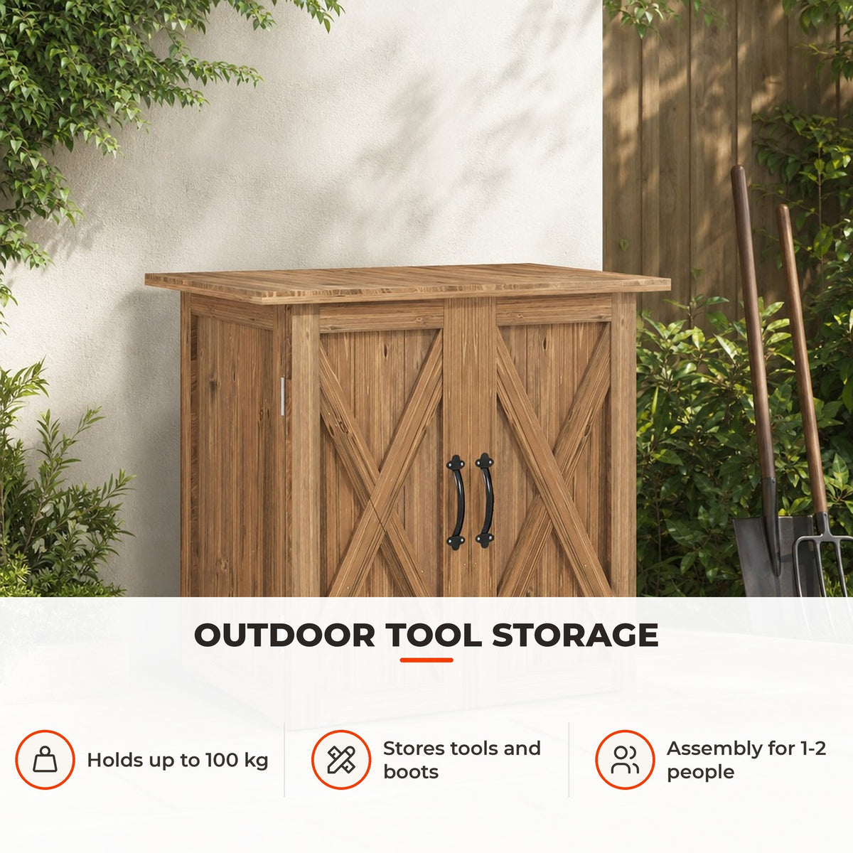 Ármário de Jardim Abrigo de Madeira para Exterior com 2 Portas Magnéticas Abrigo para Armazenamento de Ferramentas 77x55x72 cm Marrom — Utilização | How to use
