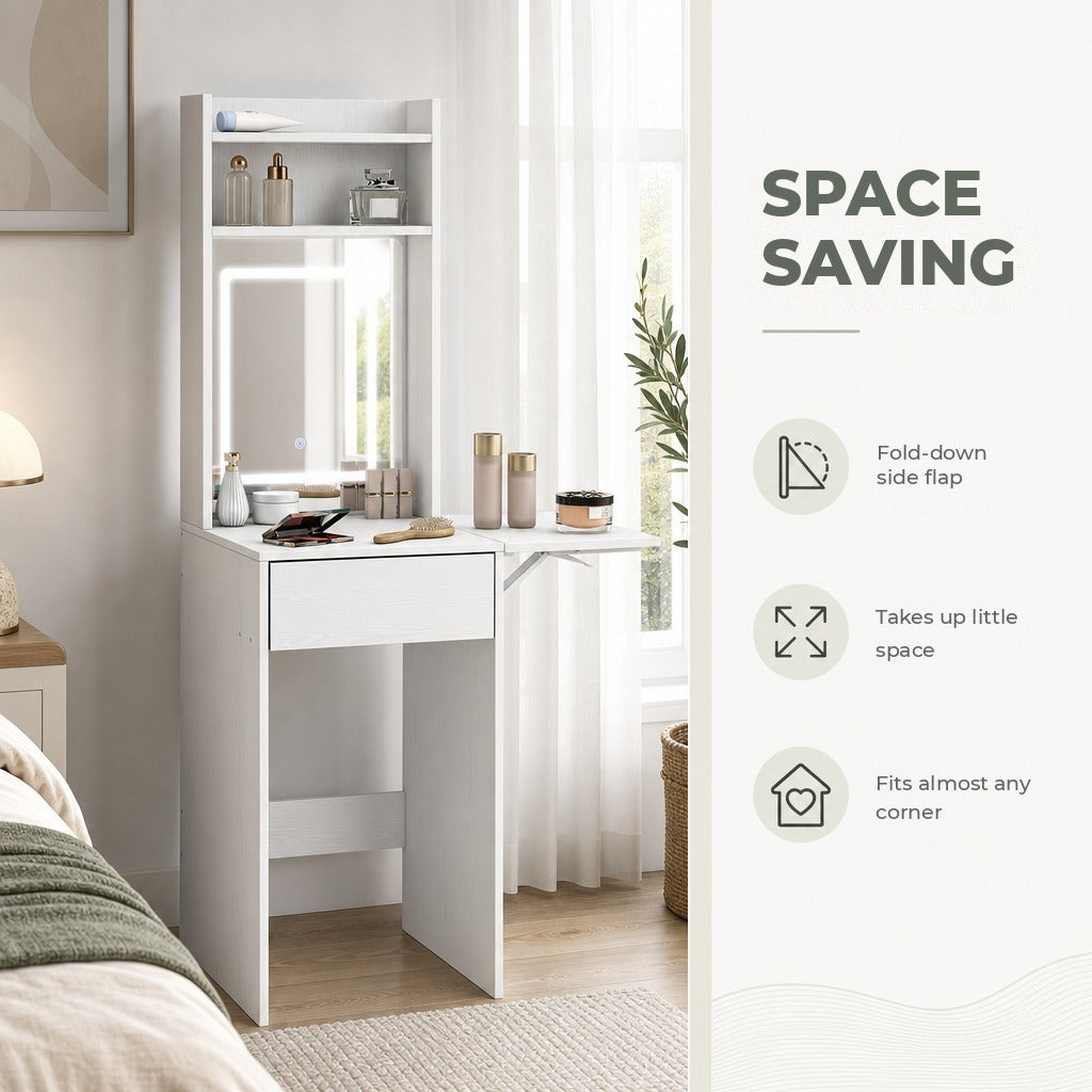 Tocador de Maquilhagem com Luzes LED de Tom Regulável em 3 Cores e Espelho, Touceira Moderna Pequena com Lateral Rebatível, Gaveta e Compartimentos Abertos para Espaços Pequenos, — Características | Features