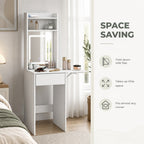 Tocador de Maquilhagem com Luzes LED de Tom Regulável em 3 Cores e Espelho, Touceira Moderna Pequena com Lateral Rebatível, Gaveta e Compartimentos Abertos para Espaços Pequenos, — Características | Features